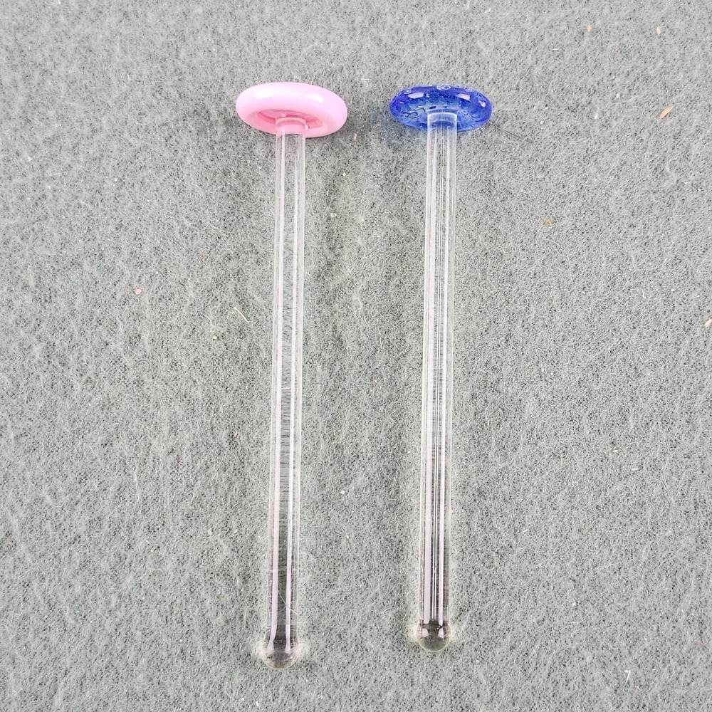 2 Vintage Clear Pink Blue Glass Cocktail‎ Muddlers 5" Mashers Swizzle Sticks MCM